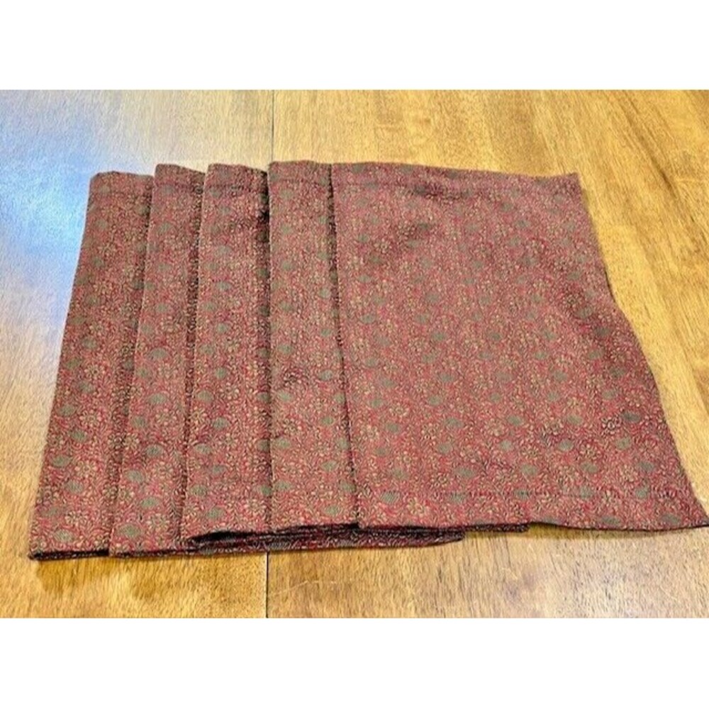 Five Red & Gold Floral Embroidered Rectangular Placemats 19x12 Rustic Farmhouse